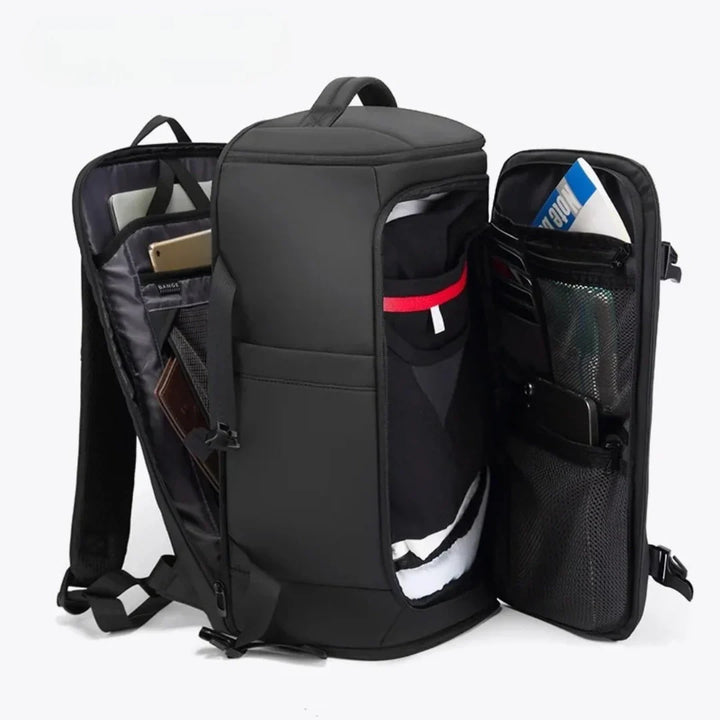 Handgepäck Rucksack schwarz mit Laptopfach, ideal für Business-Reisen und kurze Trips, robustes Gepäck.