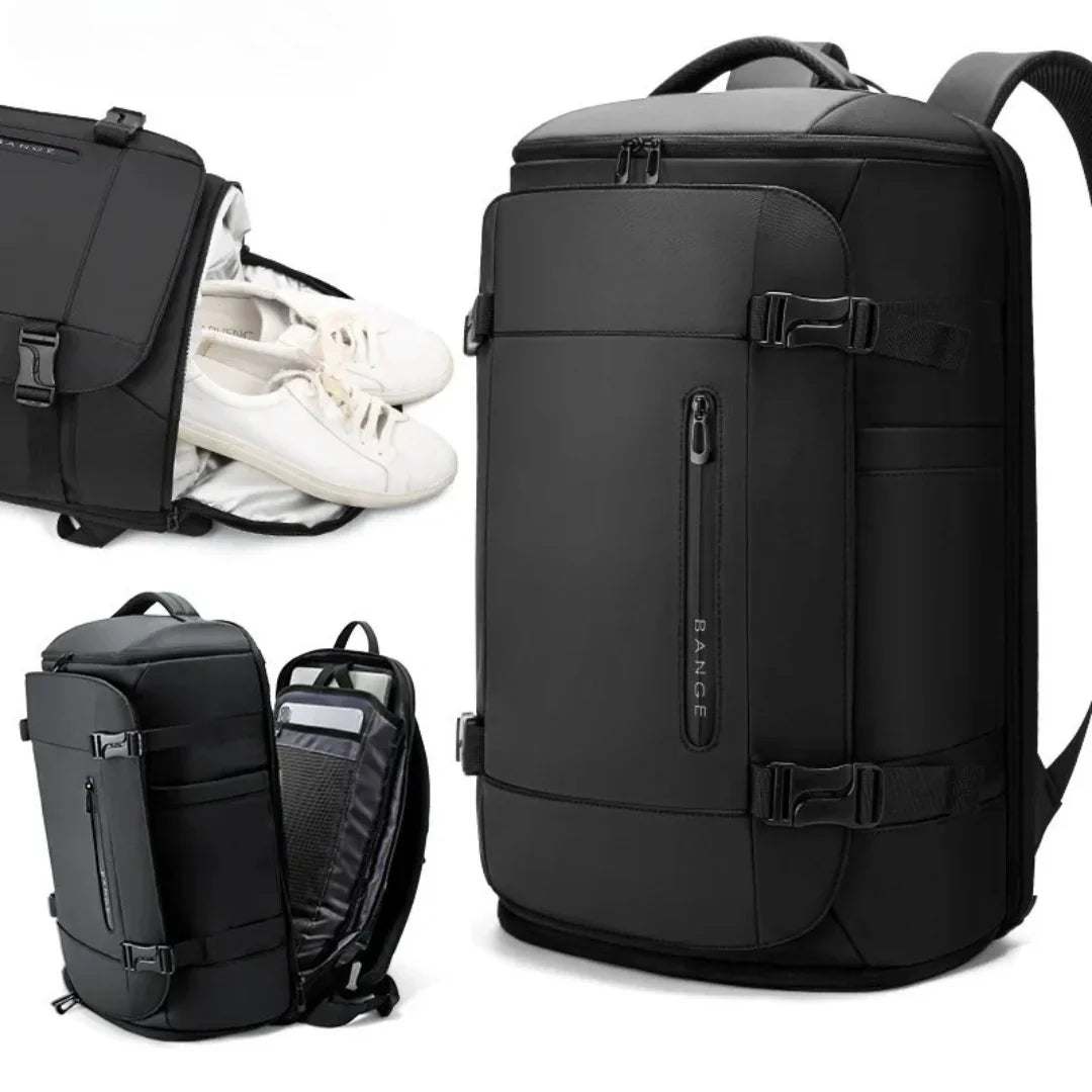 Eleganter schwarzer Reiserucksack 30L, optimal dimensioniert für Flugreisen als Handgepäck und Urlaub.