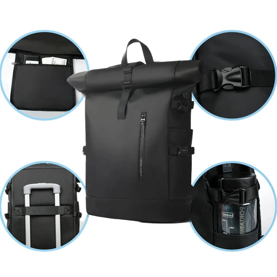 Geschlossener Roll-Up Rucksack, kompakt und stilvoll. Cityrucksack mit vielseitiger Organisation.