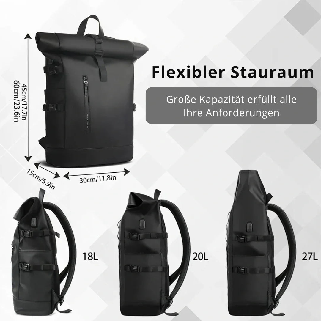 Unisex Roll-Up Rucksack wird von Modell getragen, perfekt für urbanen Lifestyle und Reisen.