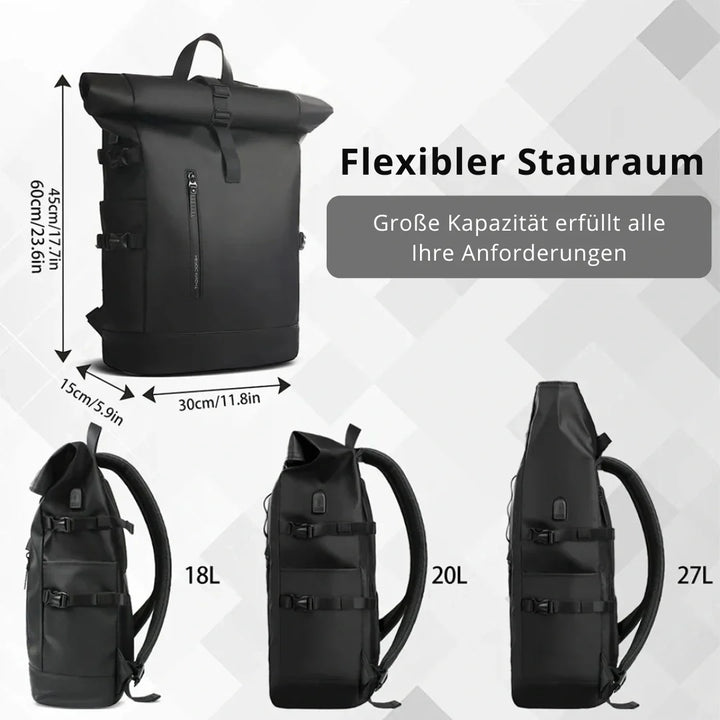 Unisex Roll-Up Rucksack wird von Modell getragen, perfekt für urbanen Lifestyle und Reisen.