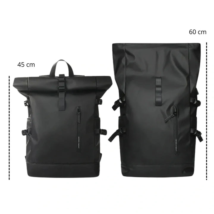 Detailansicht: Robustes, wasserdichtes Material des Roll-Up Rucksacks. Ideal für Outdoor und Pendeln.