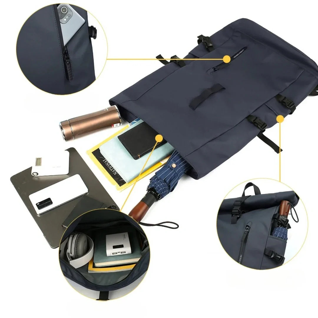 Rückenansicht des ergonomischen Roll-Up Rucksacks, mit bequemen Trägern für Pendeln & Reisen.