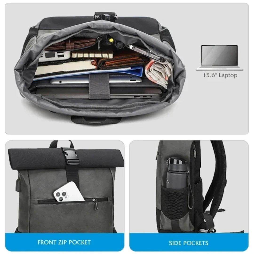 Hochwertiger Roll-Top Rucksack, wasserfest, mit Laptopfach, für Alltag, Uni, Büro und Reisen.
