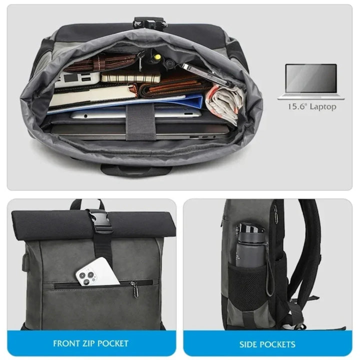 Hochwertiger Roll-Top Rucksack, wasserfest, mit Laptopfach, für Alltag, Uni, Büro und Reisen.