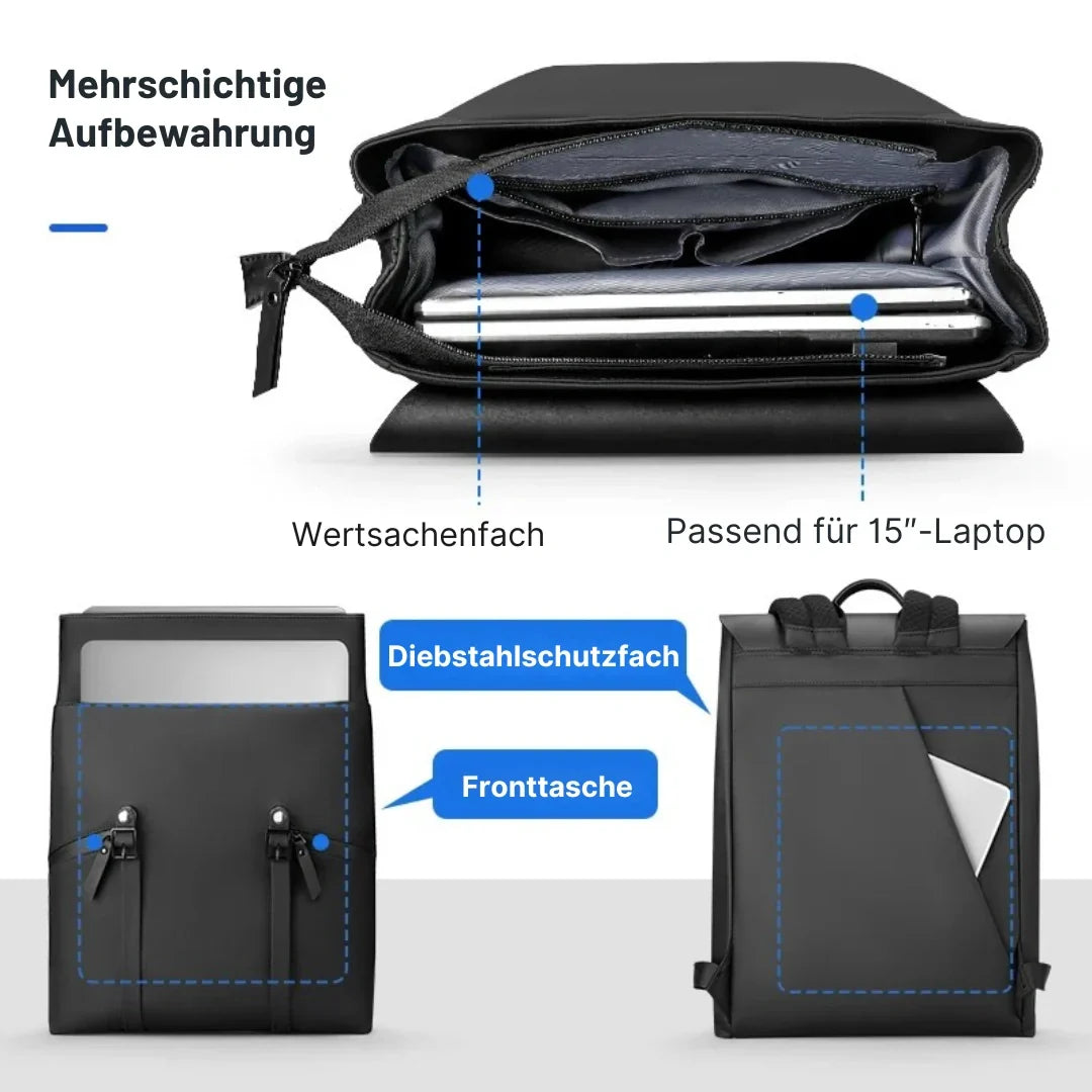 Robuster, wasserdichter Unisex-Pendlerrucksack in Schwarz. Minimalistisches Design, perfekt für den urbanen Alltag.