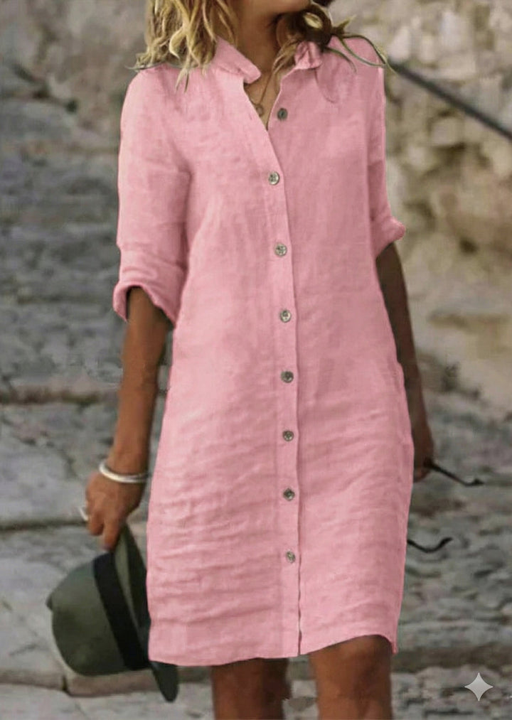 Rosa Damen Hemdkleid Halbarm, schicker, luftiger Schnitt. Ideal als frühlingshaftes Freizeitkleid oder sommerliches Outfit.