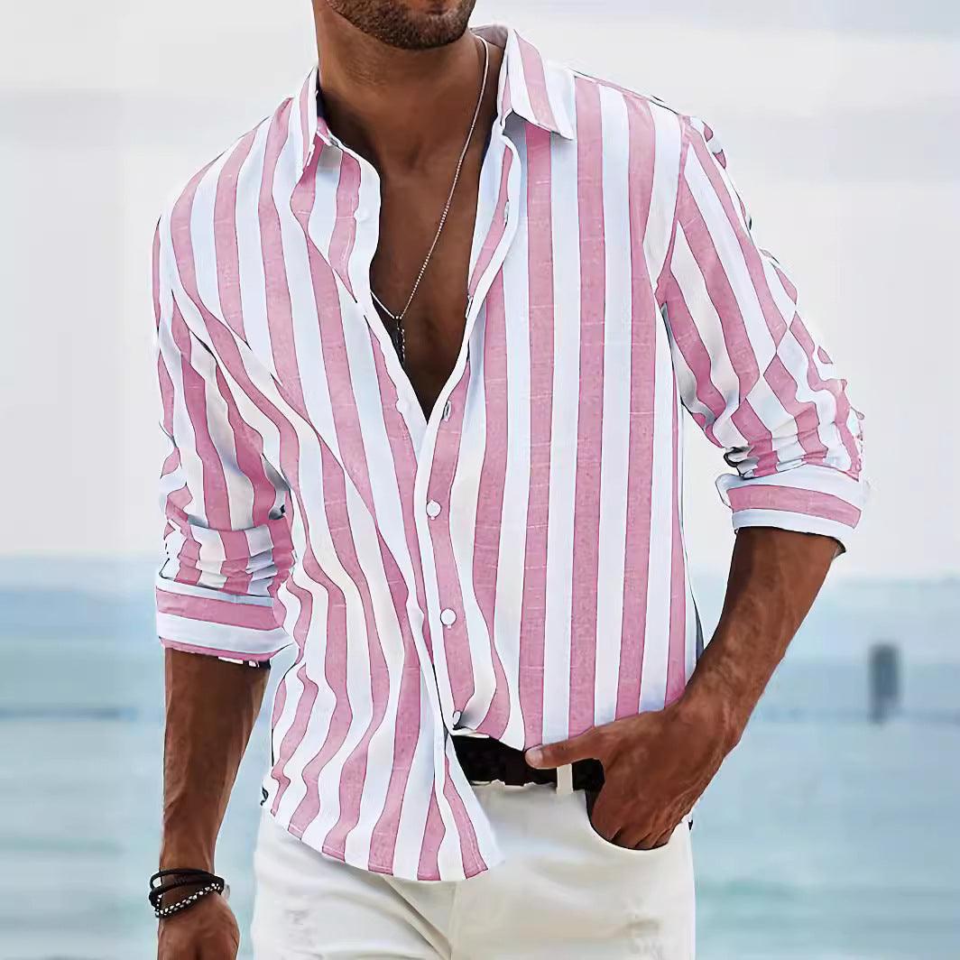 Modernes Herren Freizeit Sommerhemd im Leinen-Look, gestreift. Atmungsaktiv und lässig für warme Tage. Mit Knopfleiste.