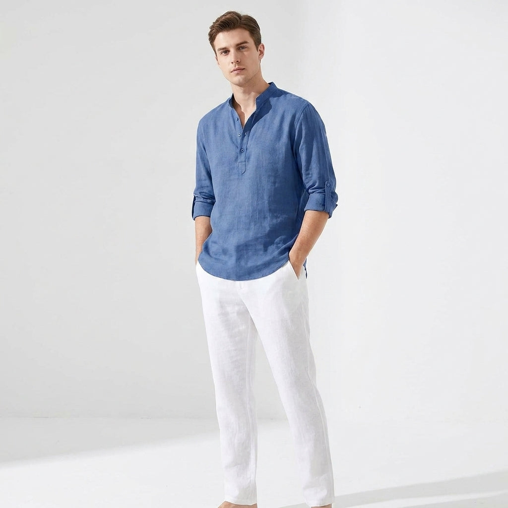 Herren Langarm Stehkragenhemd für elegante, moderne Looks. Komfortables Freizeithemd, vielseitig kombinierbar.