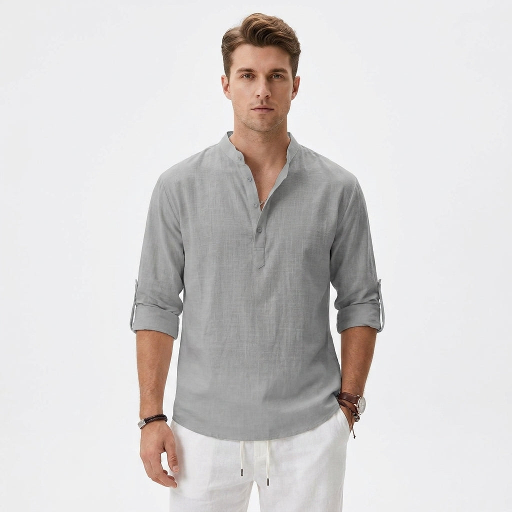 Leichtes Herren Stehkragenhemd Langarm, perfekt für Frühling und Sommer. Vielseitig für Freizeit und Business Casual.