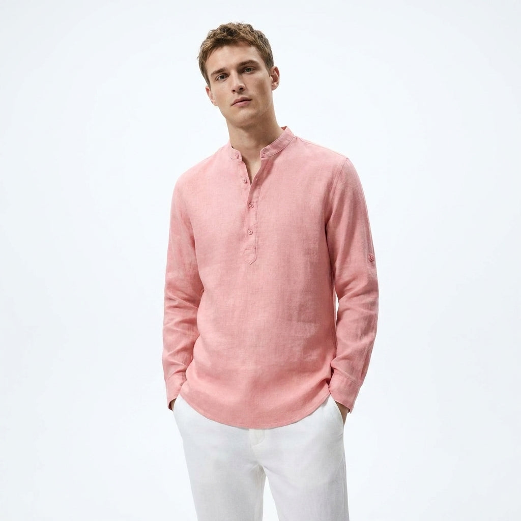 Detailansicht: Klassisches Stehkragenhemd für Herren, Langarm. Elegant & komfortabel für moderne Herrenmode.