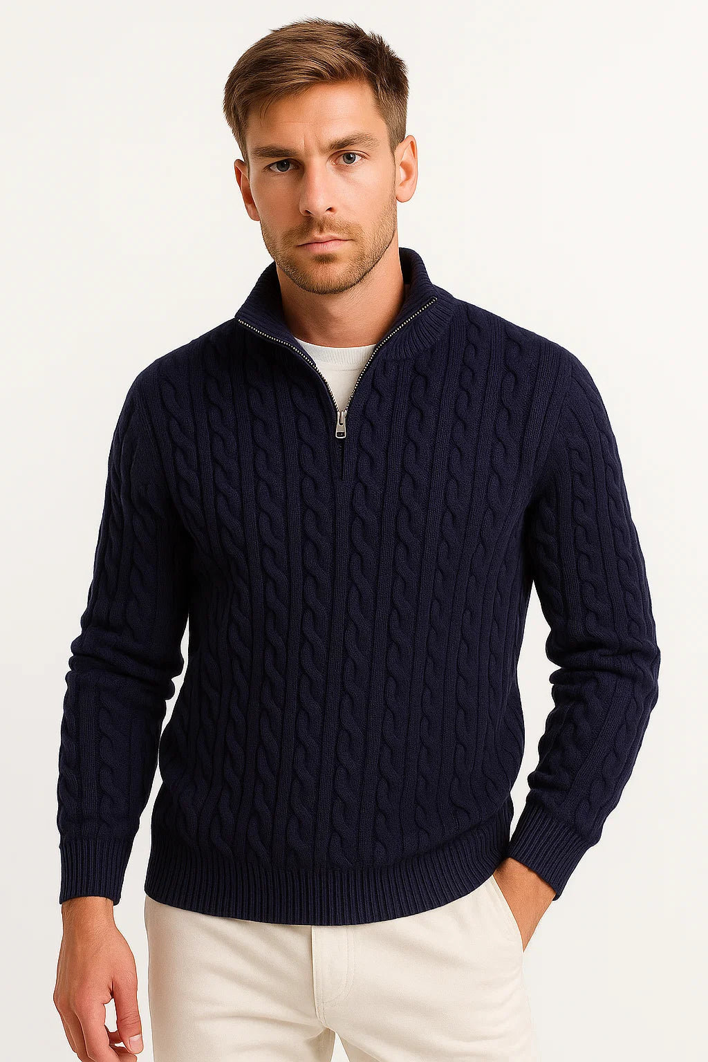 Herren Strickpullover mit Zopfmuster und Reißverschluss in Marineblau, ideal für den Frühling.