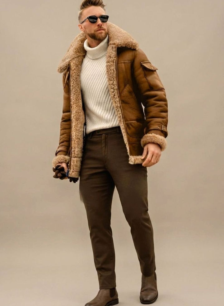 Herren Leder-Optik Fliegerjacke für den Winter mit warmem Kunstfell-Hochkragen; stilvoll und gefüttert für Herren.