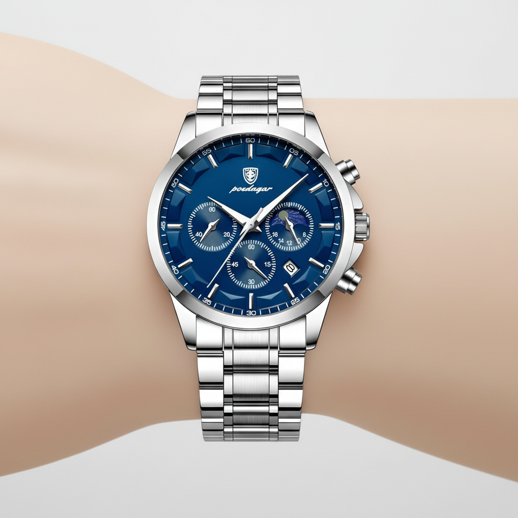 Detailaufnahme des Zifferblatts der Herrenuhr StyleMaster, klare Anzeige mit Leuchtzeigern und Edelstahlrahmen.