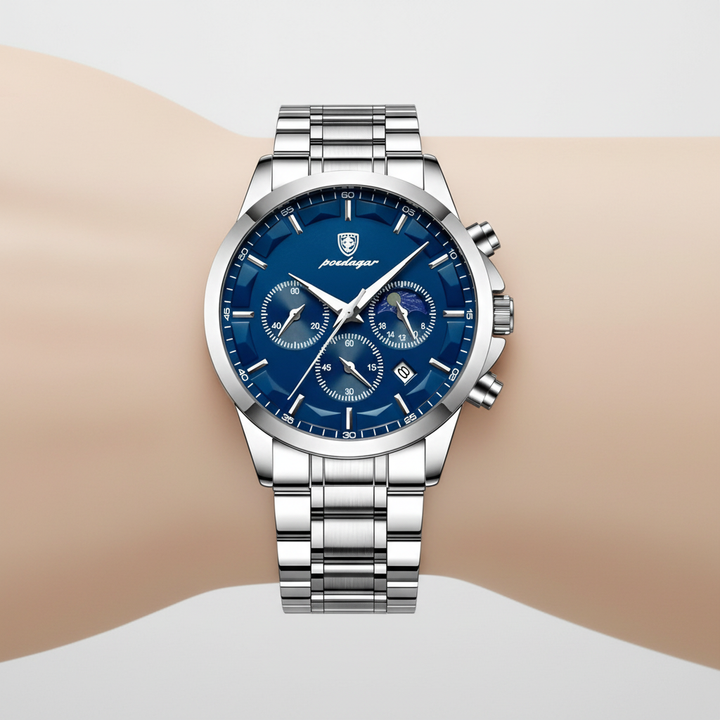 Detailaufnahme des Zifferblatts der Herrenuhr StyleMaster, klare Anzeige mit Leuchtzeigern und Edelstahlrahmen.