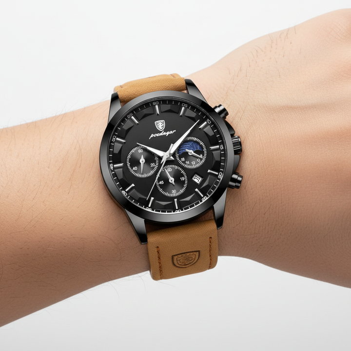 Luxuriöses Lederarmband der Herrenarmbanduhr StyleMaster, kombiniert mit poliertem Edelstahlgehäuse, klassisch.