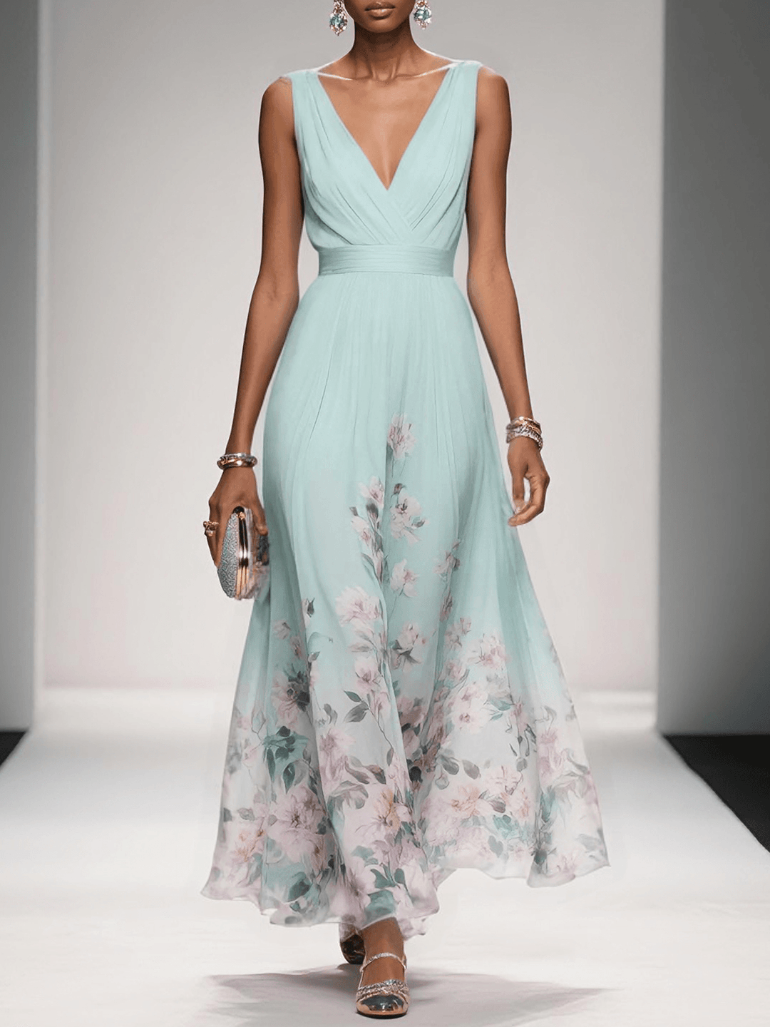 Boho-Chic Damen Maxikleid mit Blumenmuster & V-Ausschnitt, elegantes Sommerkleid für Freizeit & Events.