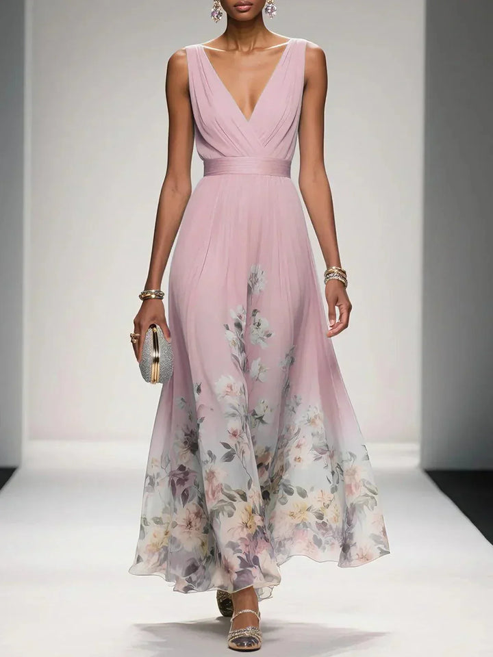 Fließendes Frühlings Maxikleid für Damen, geblümt mit V-Ausschnitt, elegant und bequem als Freizeitkleid.