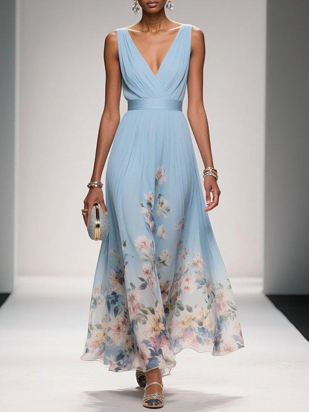 Charmantes geblümtes Damen Maxikleid mit V-Ausschnitt, ein schwingendes Design für festliche & legere Looks.