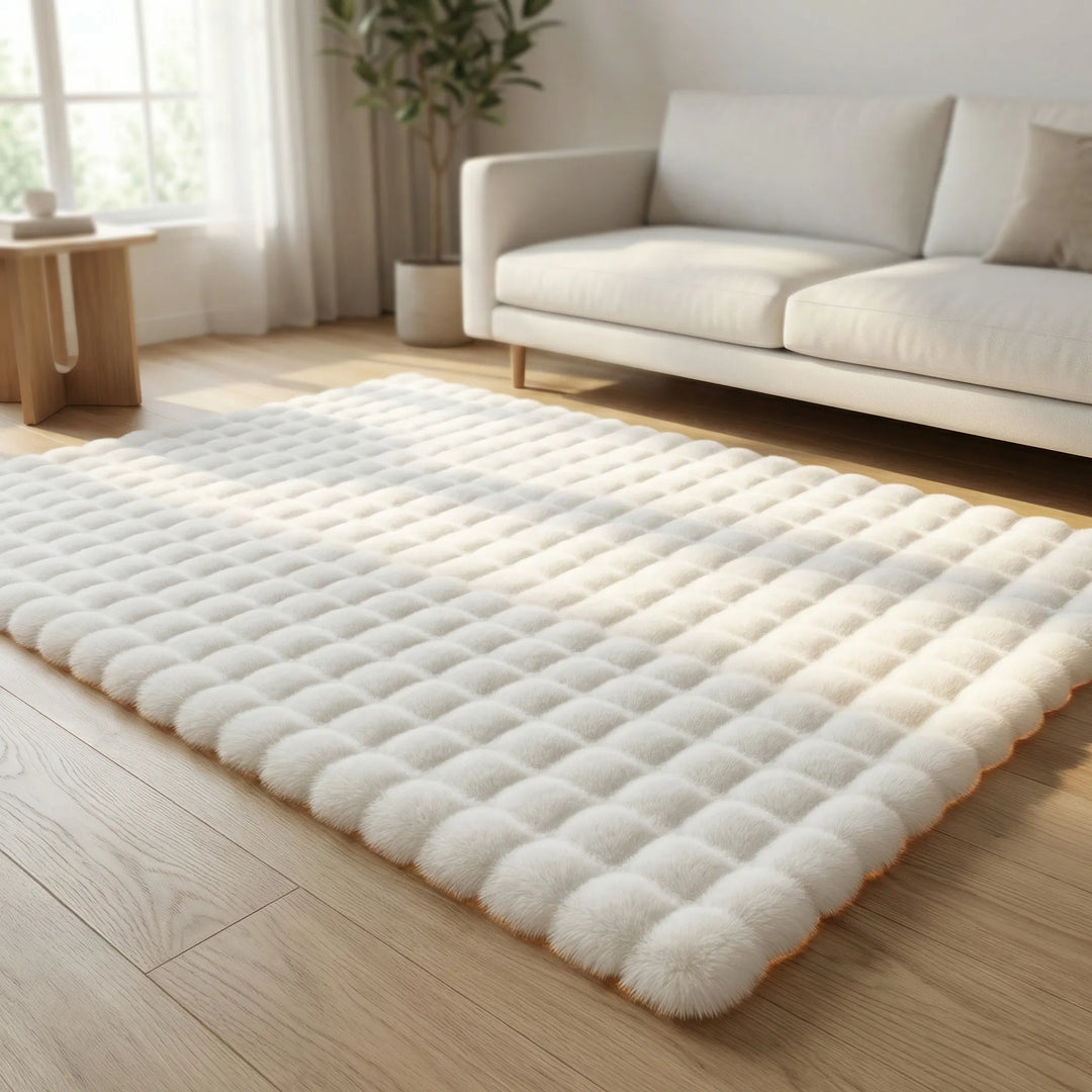 Großer, moderner Hochflor-Teppich mit Strukturmuster im Schlafzimmer als weicher & pflegeleichter Bodenbelag.