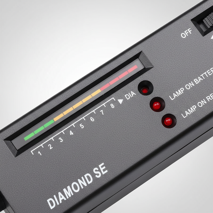 Moderner Edelsteinprüfer GemTester auf weißem Hintergrund, professioneller Diamanttester für Juwelen.