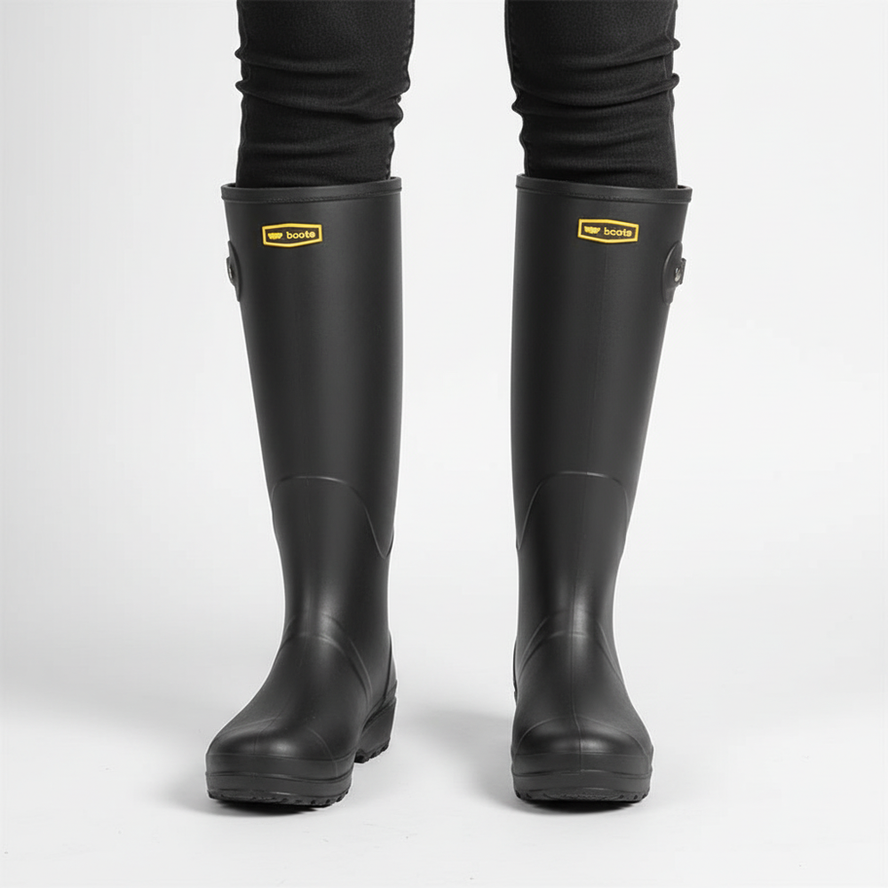 Frau trägt modische Claudia Regenstiefel für Damen. Wasserdichte Stiefel, ideal für Herbstmode & schlechtes Wetter.