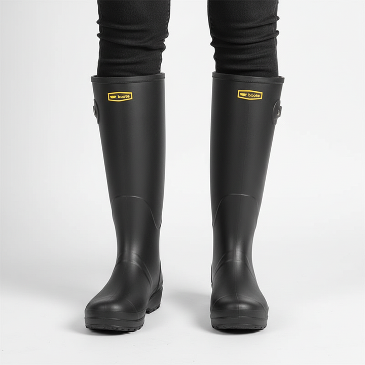 Frau trägt modische Claudia Regenstiefel für Damen. Wasserdichte Stiefel, ideal für Herbstmode & schlechtes Wetter.