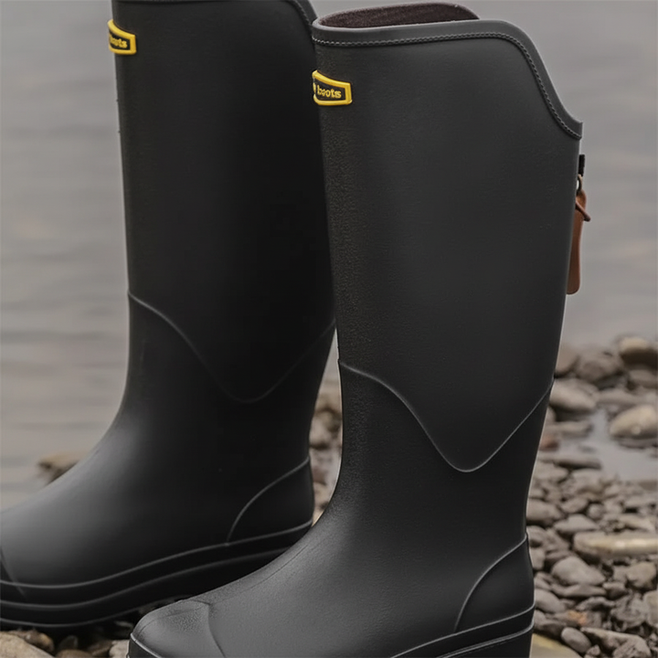 Nahaufnahme der hochwertigen, wasserdichten Oberfläche der Claudia Damen Regenstiefel. Robuste Schuhe.