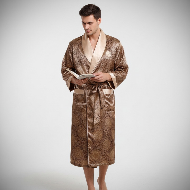 Marius Herren Satin-Bademantel mit ansprechendem Muster. Edle Hausbekleidung für Männer.