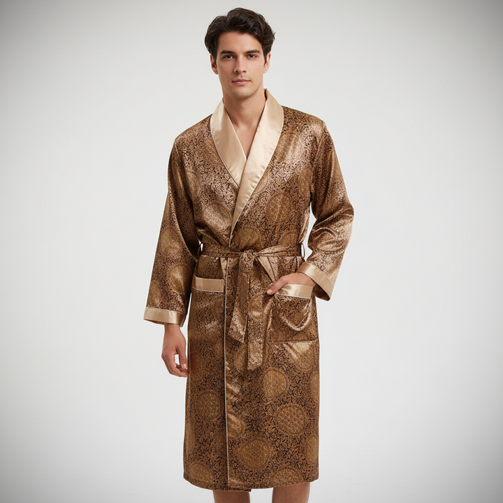 Eleganter Herren Satin-Bademantel "Marius" mit stilvollem Muster für luxuriöse Loungewear.