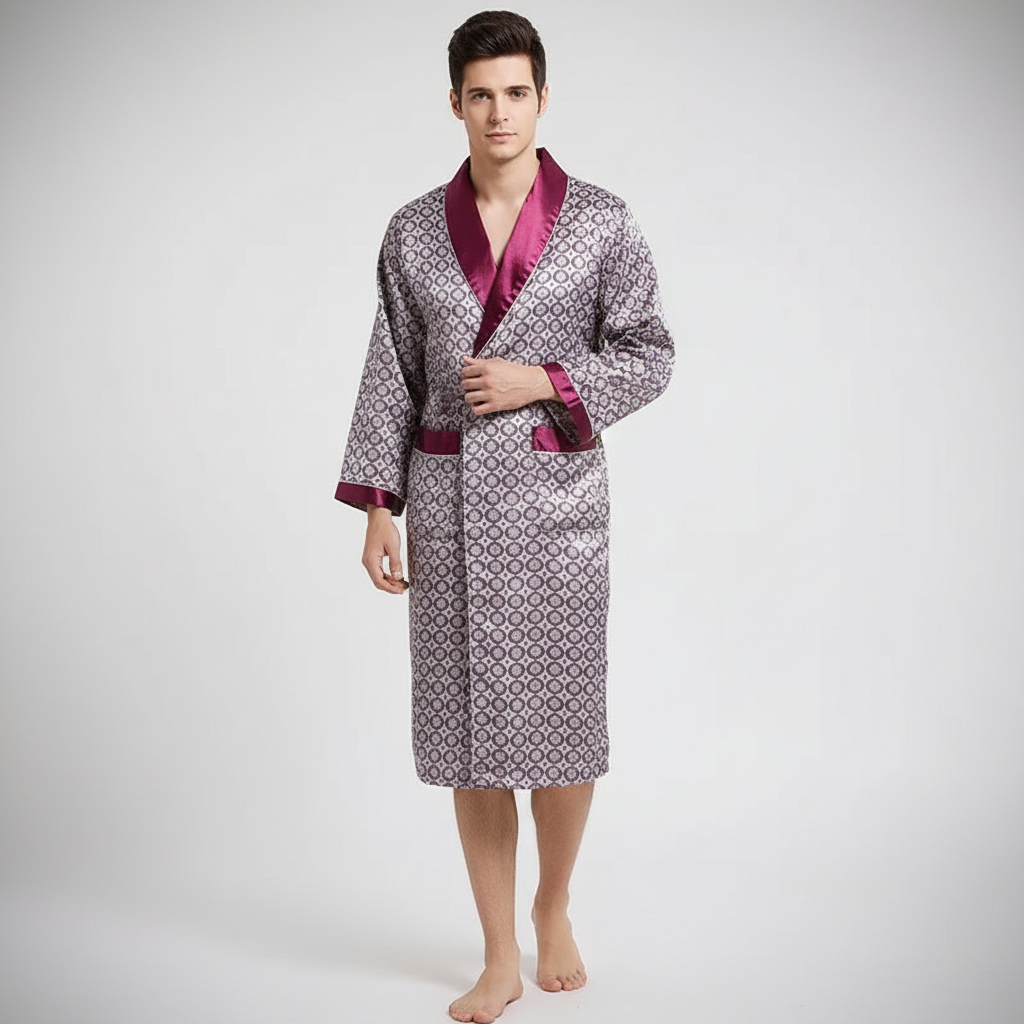 Gemusterter Herren Morgenmantel aus weichem Satin, ideal als Bademantel und stilvolle Loungewear.