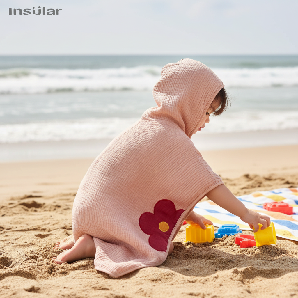 Weicher Kinder Kapuzenponcho aus Musselin-Baumwolle, ideal als saugstarkes Badetuch für Babys & Kleinkinder.