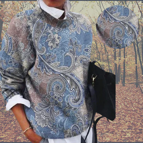 Gemütlicher grauer Damenpullover mit einzigartigem Print. Lässiges Langarm-Oberteil für Damen, ideal für jeden Tag.