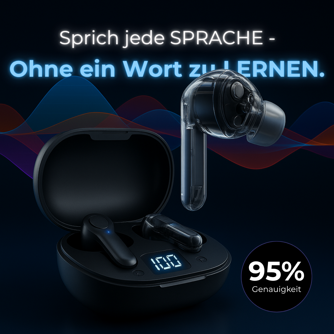 Person trägt Unisex In-Ear Kopfhörer; Bluetooth-Ohrhörer für Kommunikation, Übersetzung und Geräuschunterdrückung.