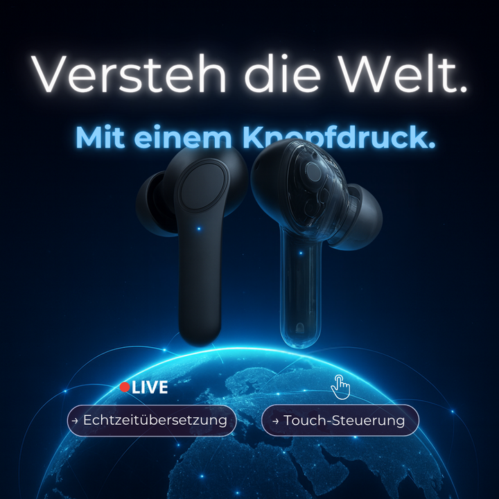Kabellose Unisex-Kopfhörer in Ladehülle; Bluetooth-Ohrhörer mit Echtzeit-Übersetzung und Geräuschunterdrückung.