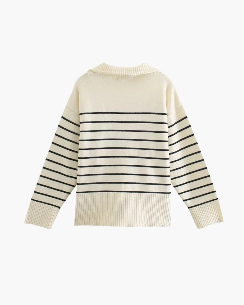 Bequemer Damen Langarm-Strickpullover im Vintage-Streifen-Look mit Reißverschluss, ideal für Herbst & Freizeit.