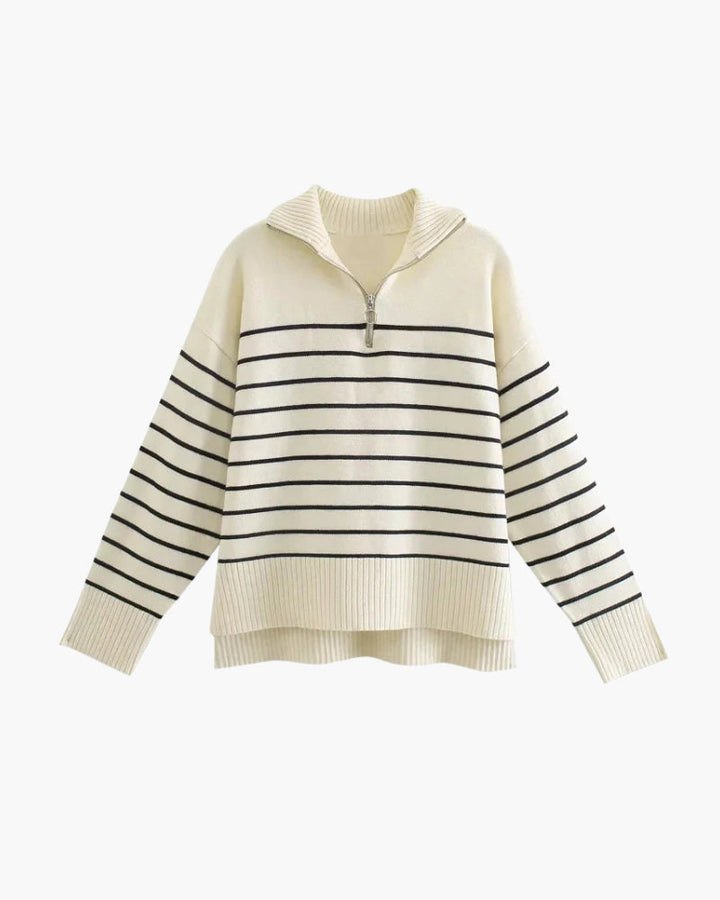 Eleganter Damen Vintage Strickpullover mit Reißverschluss und chicem Streifenmuster für Herbst & Winter.