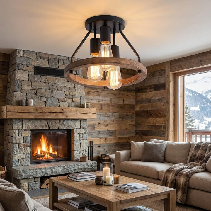 Rustikale Industrie Deckenlampe im Bauernhaus-Stil aus Holz & Metall. Ideal für Wohnzimmer, Schlafzimmer.