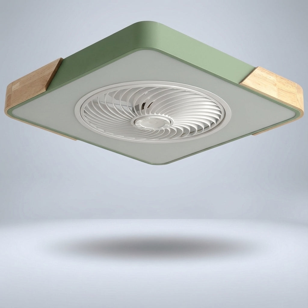 Detailansicht: Flügelelemente und runde LED-Lampe des modernen Deckenventilators mit schlichtem Design.