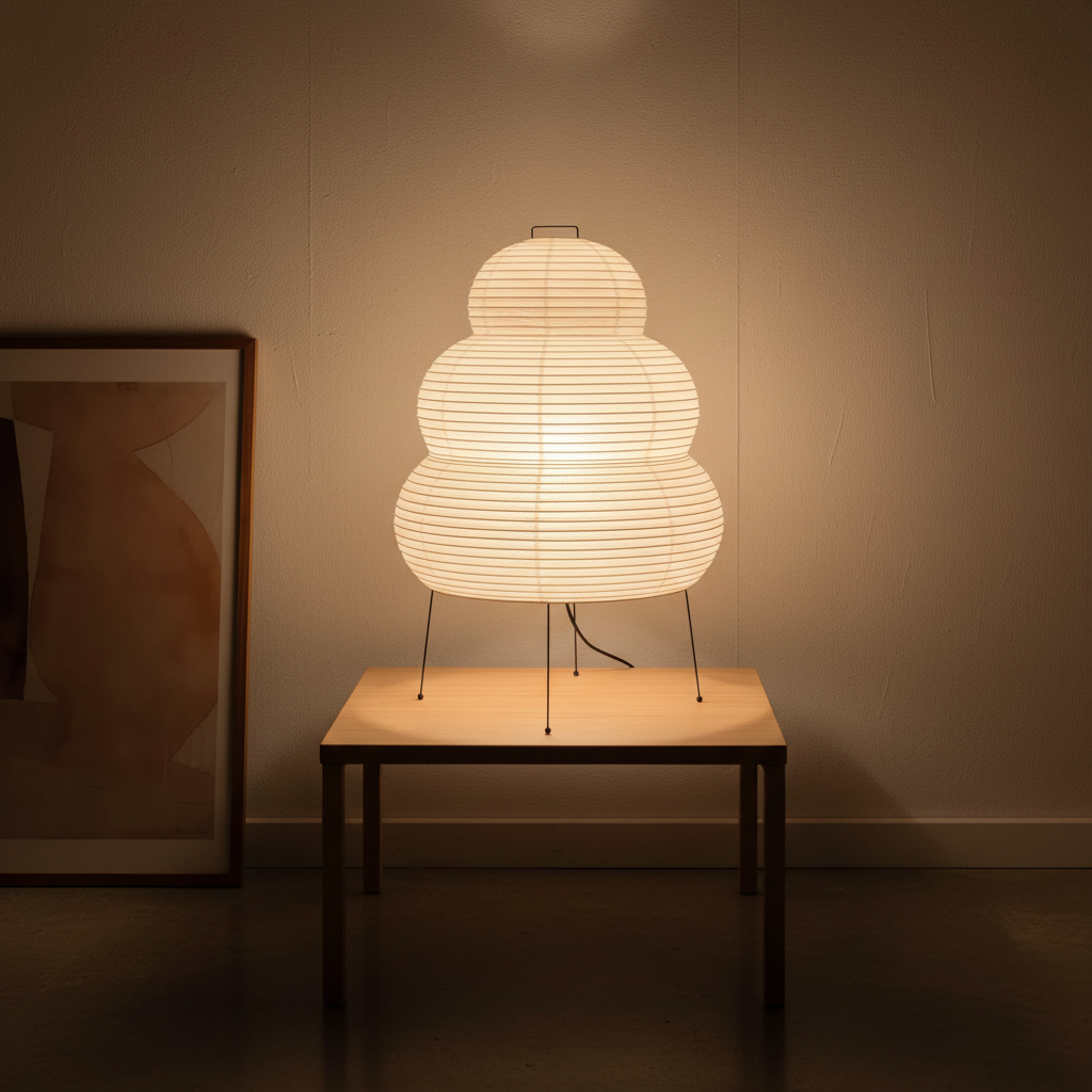 Japanische Papier Tischlampe ShinoriLight für sanftes Stimmungslicht im Wohnzimmer oder Schlafzimmer.