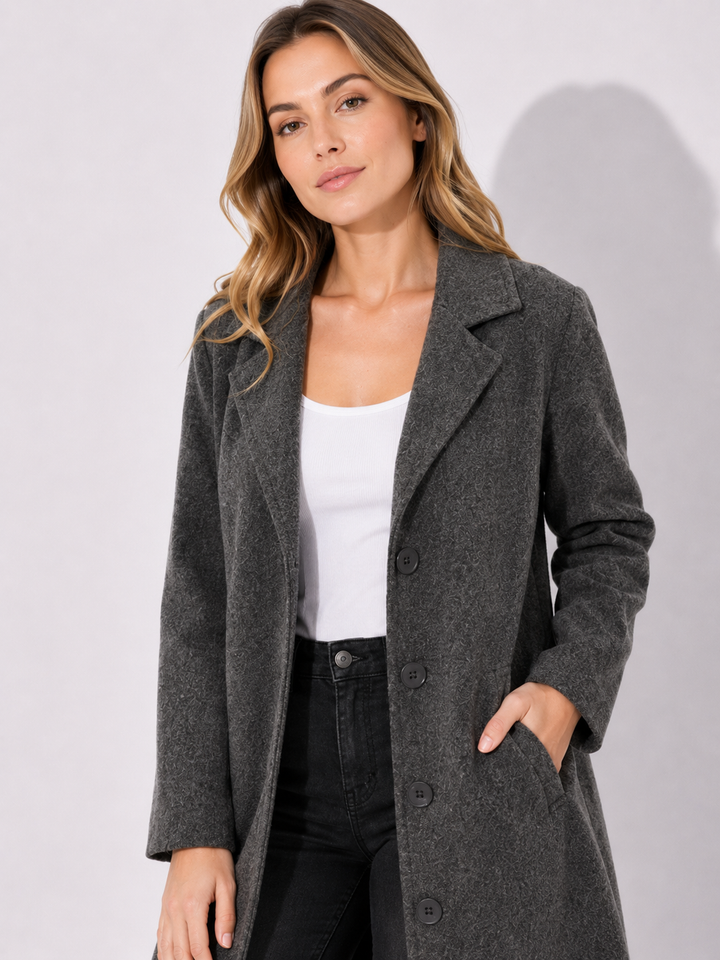 Langer Damen-Herbstmantel mit Revers, lässige Passform für elegante Alltagslooks. Vielseitiger Frühlings-Übergangsmantel.