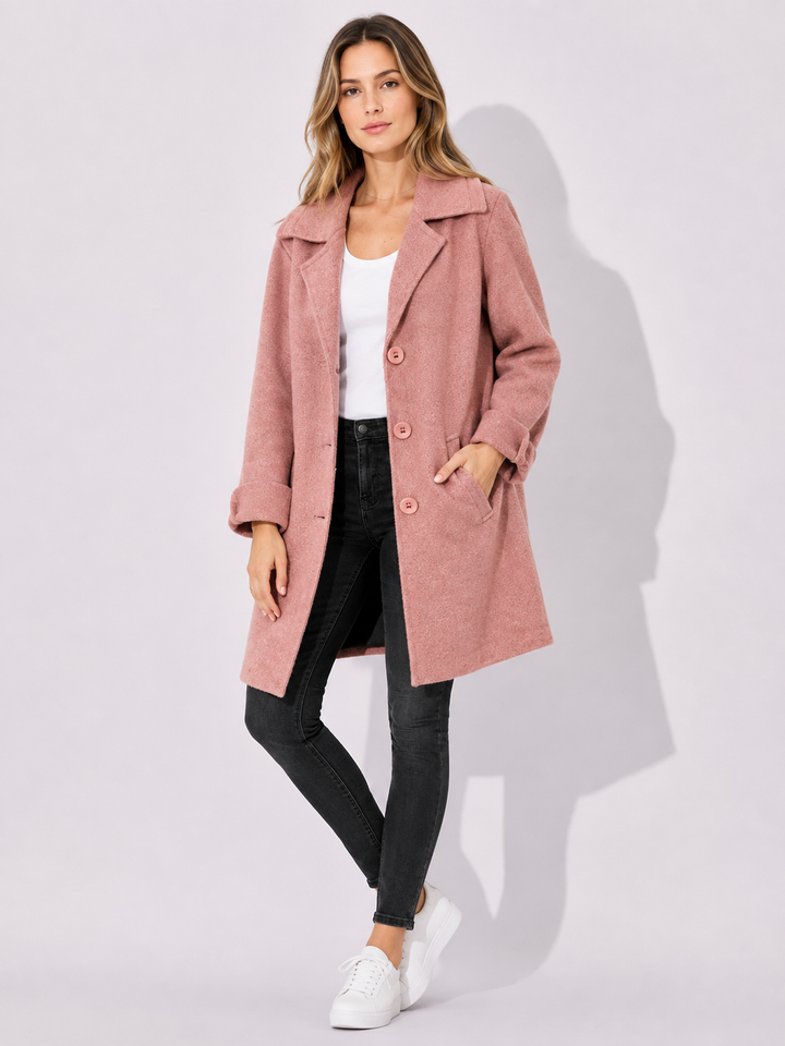 Lässiger Damen-Frühlingsmantel mit Reverskragen, langer Schnitt. Idealer Übergangsmantel für kühle Herbsttage.