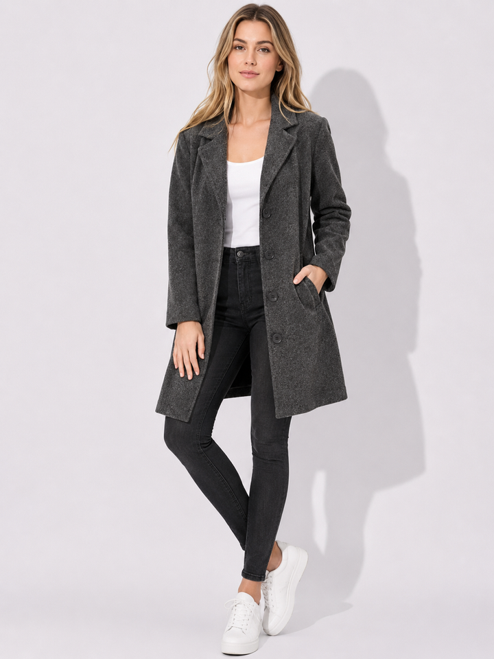 Eleganter Damen-Übergangsmantel mit Reverskragen, lang geschnitten, perfekt für Frühling & Herbst. Modisch & lässig.
