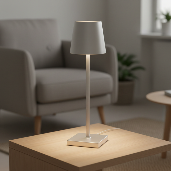 Elegante kabellose LED Tischlampe Luminest aus Aluminium, dimmbar, für Innen- & Außenbereich.