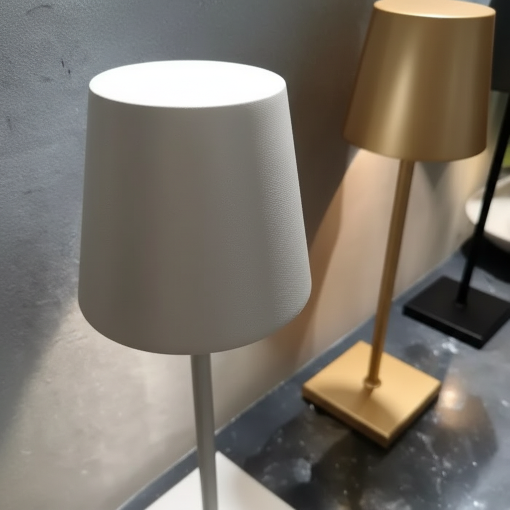 Dimmbare Akku-Tischlampe Luminest aus Aluminium, kabellos für Outdoor & Indoor, warmweiße LED.