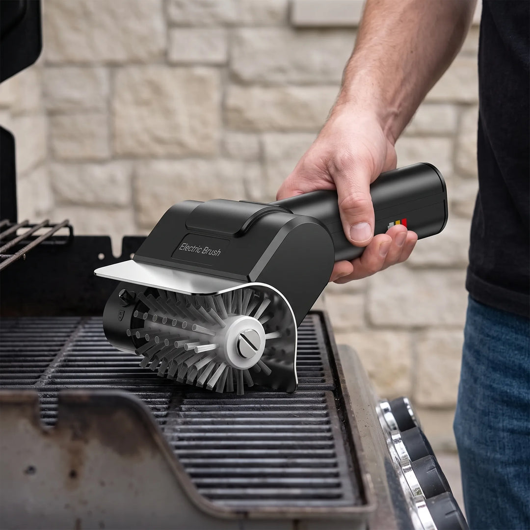 Kabellose elektrische Grillbürste für mühelose Grillrost-Reinigung von Außengrills und BBQ-Zubehör.