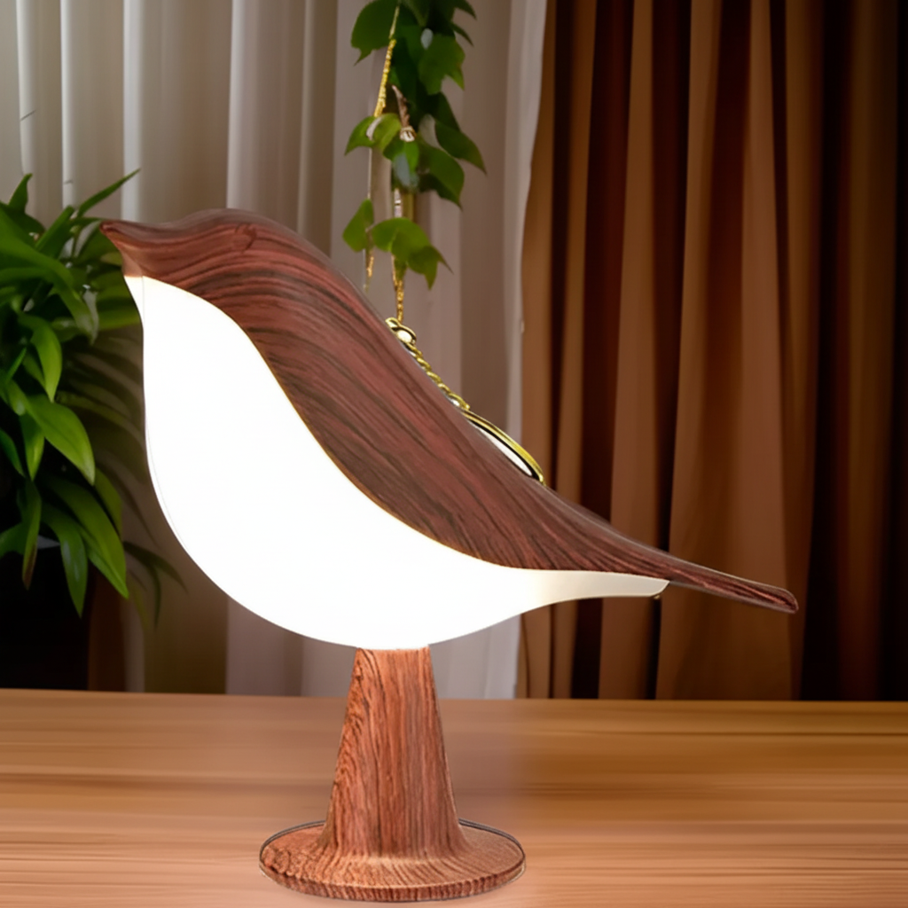 Kabellose LED Tischlampe FeatherLuxe mit stilvollem Vogellicht, perfekt als moderne Dekoration und Stimmungslicht.