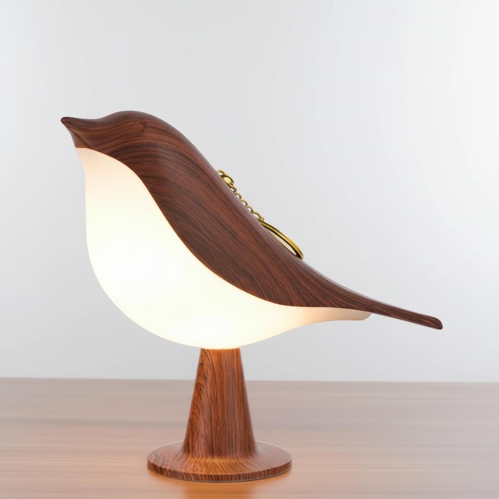 Elegante kabellose Vogellampe FeatherLuxe, warmweißes LED Stimmungslicht für Nachttisch oder Tischdekoration.