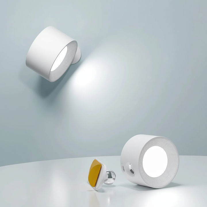 Mobile FlexiHalo Wandleuchte: kabellos, magnetisch abnehmbar, für flexibles Licht, überall einsetzbar.