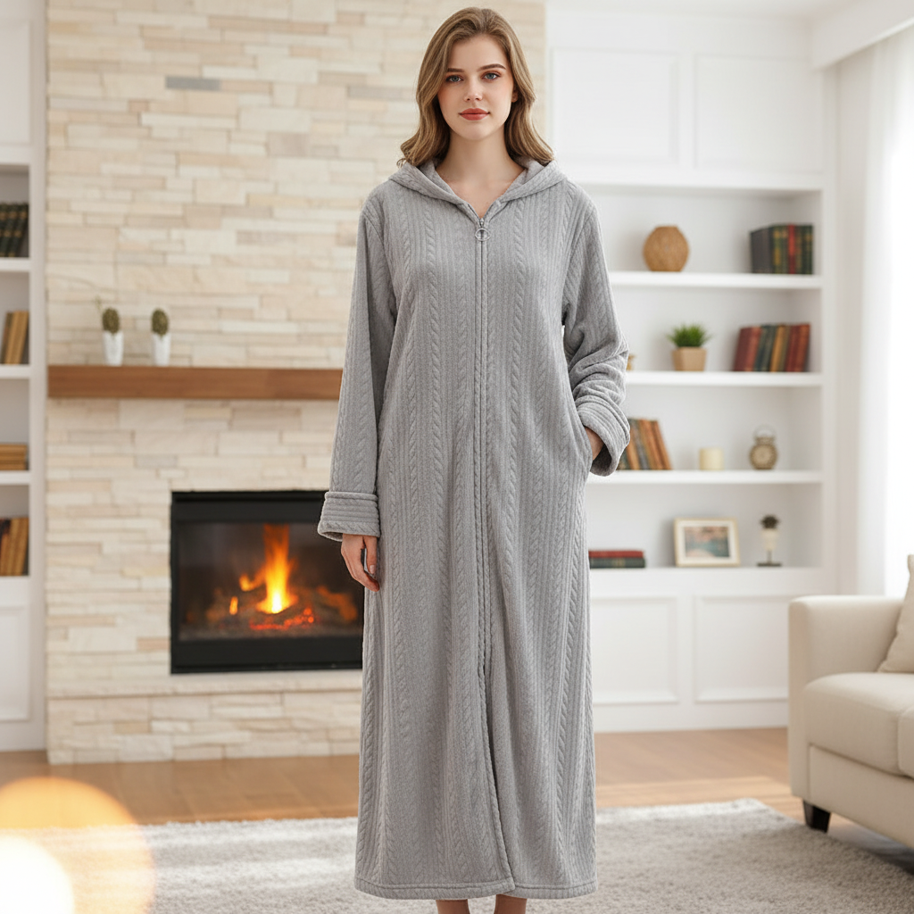 Gemütlicher Unisex Kapuzenbademantel HugGown für Damen & Herren. Perfekt für Winter-Loungewear.